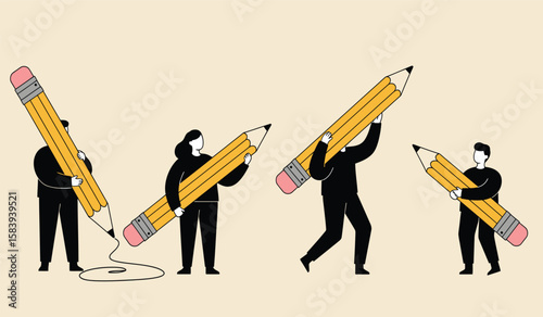 Conceptual Illustration of People Carrying Large Pencils for Writing and Creativity
