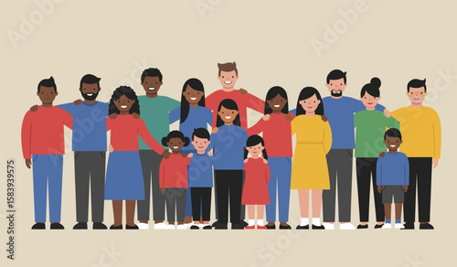Diverse group of people standing together with arms around each other smiling