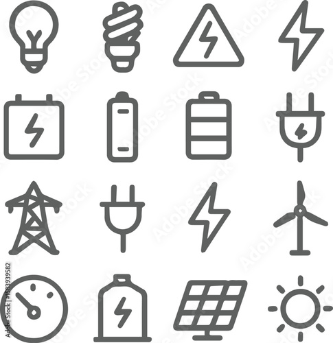 Renewable energy and low emission sustainable power system line icon set. Clean energy generation and grid infrastructure vector illustration including solar, wind, hydrogen and EV charging.
