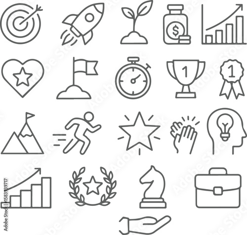 Motivation line icon vector illustration set. Vector pictograms of personal growth, goal setting, perseverance, achievement, rocket launching, teamwork, passion, thumbs up thin linear illustration. 