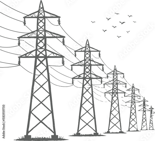 Power line tower, transmission tower with white isolate background, High voltage post or High voltage tower. Vector Illustration Png Background Template.