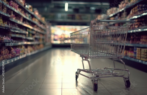 A cinematic photograph of a shopping cart in the middle of an empty supermarket, with shelves full of food products