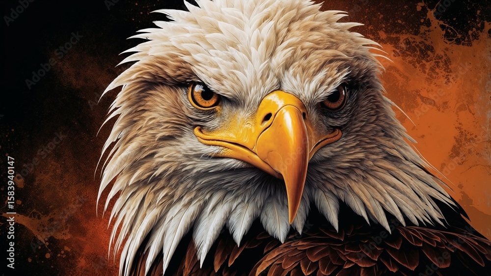 Fototapeta premium Image is a digital artwork featuring a highly detailed and vibrant close-up of an eagle's head