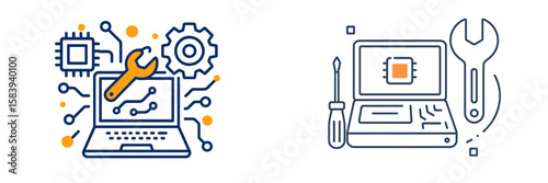 Digital workspace with tools for technology maintenance and repair tasks during a creative brainstorming session