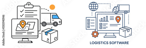 Logistics software interface showing delivery tracking and package management in a modern workspace