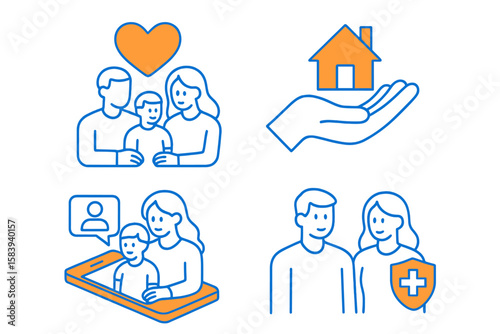 Family bonding and care represented through simple icons showcasing love, protection, and communication at home