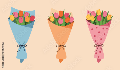 Three colorful tulip bouquets wrapped in paper on a light background