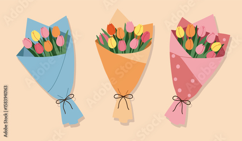 Three Colorful Tulip Bouquets Wrapped in Paper on a Beige Background