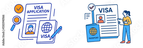Visa application process showing forms and a person checking documents in an office setting