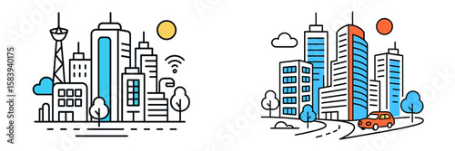City skyline illustration showing modern architecture and urban life with bright colors and dynamic shapes in a vibrant setting