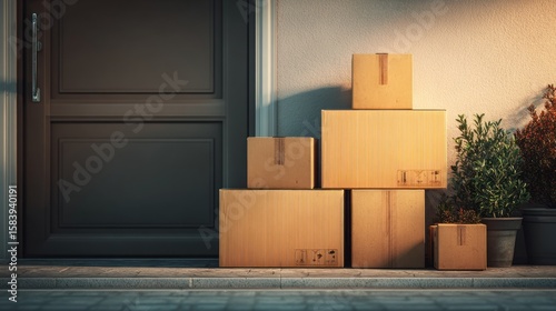 Cardboard boxes stacked at a home's entrance