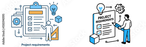 Project requirements illustrated with checklists, gears, and light bulbs in a modern design setting