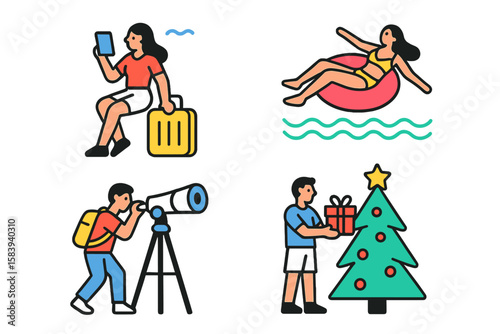 Exploring leisure activities and celebrations throughout the seasons in vibrant illustrations