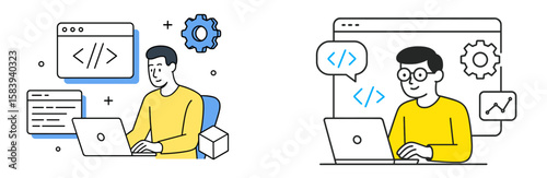 Software developer working on coding tasks with modern technology in an office setting during daylight hours