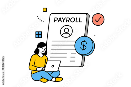 Character working on payroll processing using a laptop in a modern, minimalistic office setting
