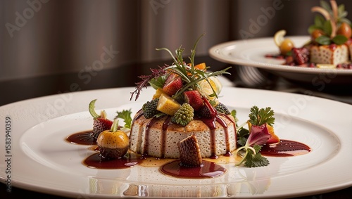 A sumptuously plated dish, each ingredient meticulously placed to create a stunning feast for the eyes