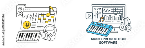Visual representation of digital music production setup with software and equipment in a creative workspace