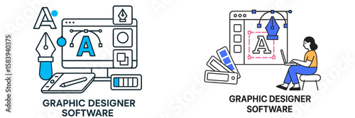 Illustration of graphic design software tools and a designer working on a creative project in a modern workspace