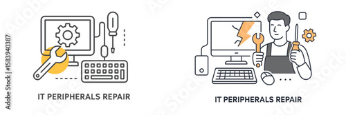 IT peripherals repair service illustrated with tools and damaged equipment in a workspace setting