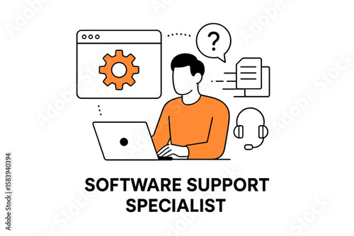 Software support specialist assisting users with technical issues on a laptop at a desk in a modern office environment