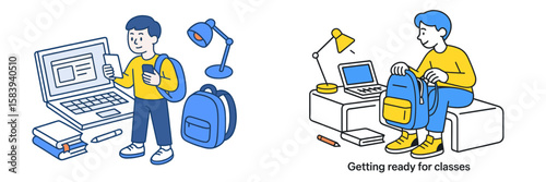 Students preparing for classes with technology, backpacks, and study materials in an educational environment