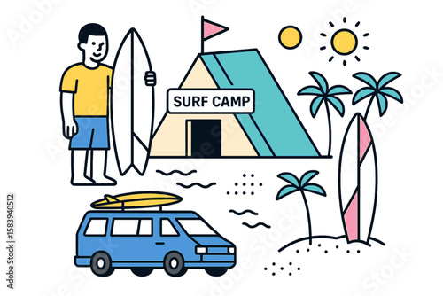 Enjoying a sunny day at surf camp with a surfboard near palm trees and a colorful van on the beach