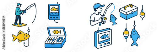 Fishing activities showcase various techniques and tools for catching fish in a serene outdoor setting