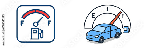 Fuel gauge indicators show varying levels of gasoline in a vehicle in an informative graphic