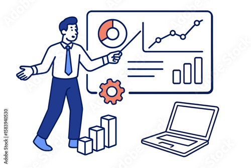 Business professional presents data analysis with charts and graphs during a meeting in an office setting