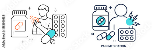 Illustration of pain medication usage with a person handling pills and packaging in a clinical setting