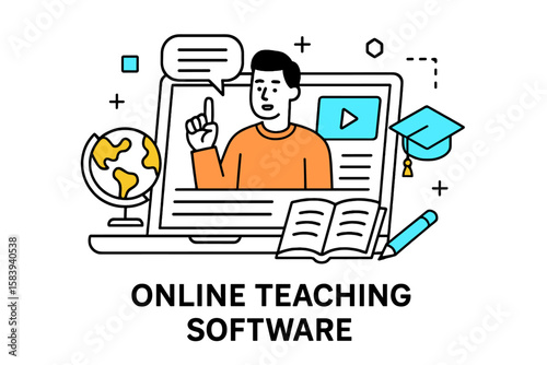 Online teaching software and digital education tools illustrated with globes and graduation caps