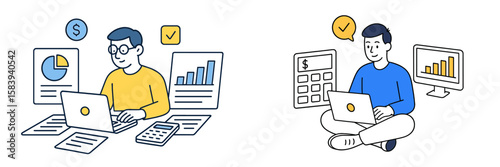 People engaged in financial analysis and data visualization in a modern workspace with laptops and charts