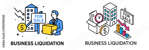 Business liquidation concepts showing sale signs and financial representations in a dynamic urban setting