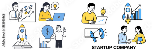 Illustrations depicting the journey of a startup company with concepts of innovation and teamwork in a modern workspace