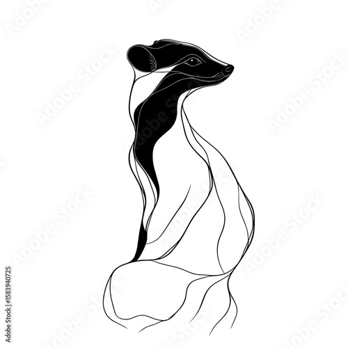 Minimalist illustration of a meerkat in profile with flowing lines  