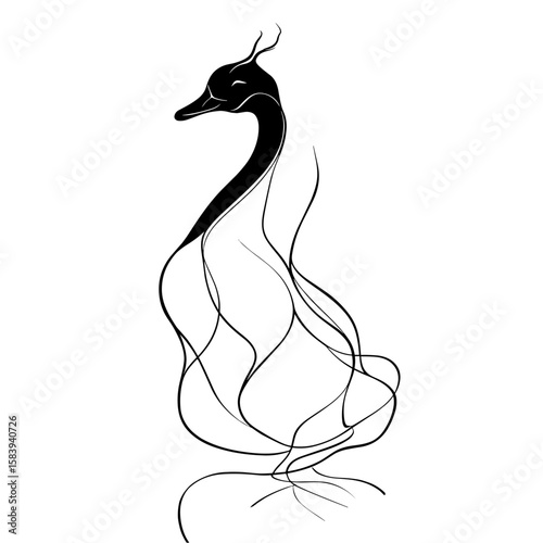 Elegant black goose illustration with flowing lines in minimalist style  