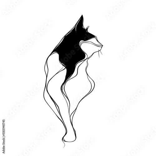 Abstract black and white cat silhouette with minimalist illustration style  