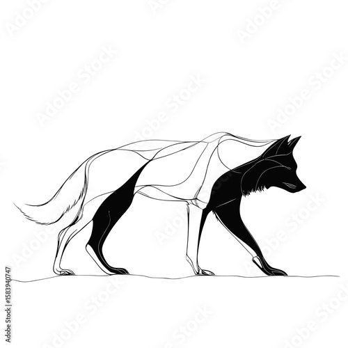 Minimalist illustration of a wolf walking in black and white style  