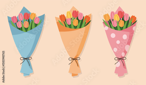 Colorful Tulip Bouquets in Decorative Wrappers on a Light Background