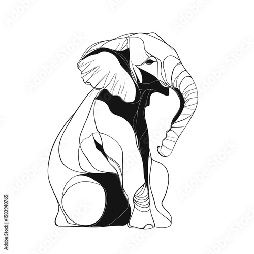 Abstract black and white illustration of an elephant sitting gracefully  