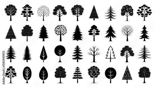 A collection of 60 black tree silhouettes, each simplified and abstracted into basic geometric shapes. Trees vary in shape and form—circles, triangles, ovals—but are consistently arranged in rows and 