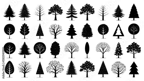 A collection of 60 black tree silhouettes, each simplified and abstracted into basic geometric shapes. Trees vary in shape and form—circles, triangles, ovals—but are consistently arranged in rows and 