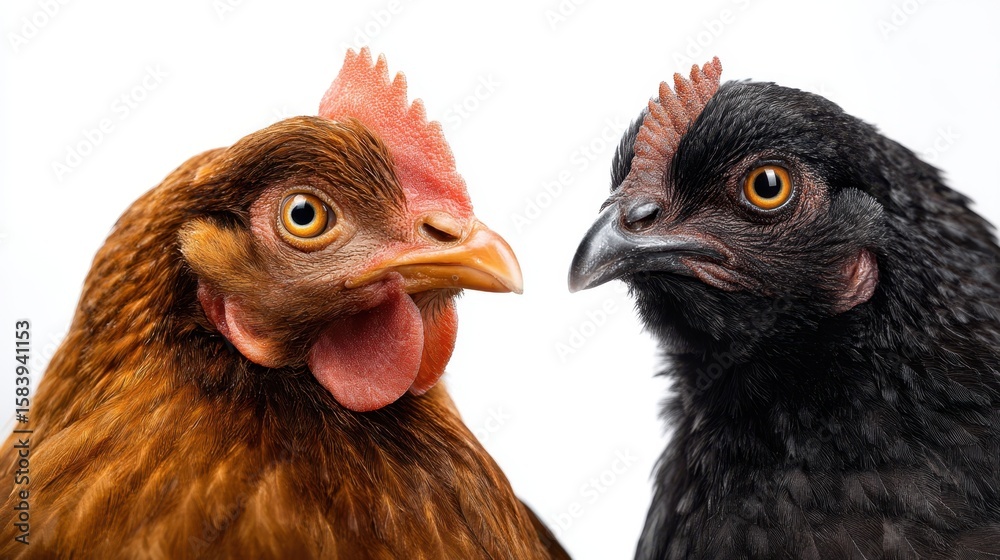Fototapeta premium The close-up portrait of two chickens showcasing their unique features.