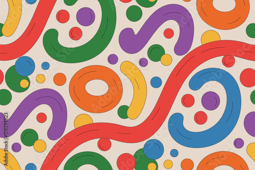 Groovy retro shapes and bold colors create a fun and eye catching seamless pattern design with playful movement.