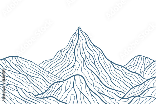 Dramatic mountain range illustration with textured blue lines against a stark white backdrop, ideal for backgrounds.