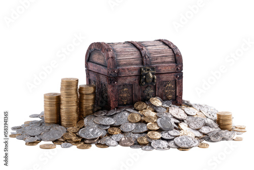 Pile of treasure and treasure chest on a white background