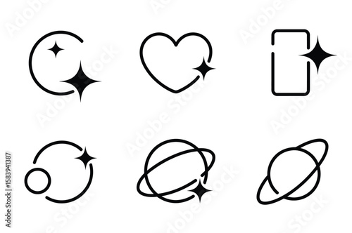 Various vector icons depict celestial bodies with sparkle, offering design elements for creativity and cosmic themed concepts.