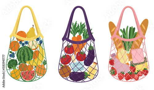 Colorful reusable mesh bags filled with fresh fruits and vegetables illustration