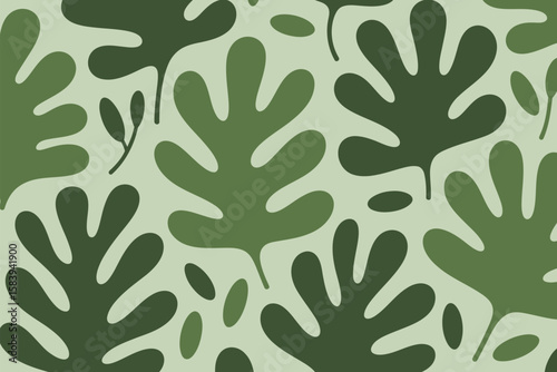 Abstract botanical pattern displays organic shapes in muted green tones with a contemporary design, making it a nature-inspired texture.