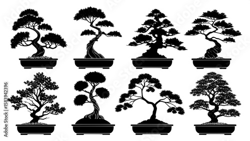 A black-and-white grid of silhouette bonsai trees, each one uniquely styled but maintaining simple outlines. The trees sit in planters, with no shading or texture, just clean lines on a stark white ba
